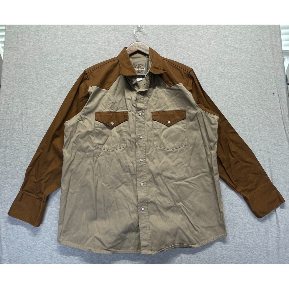 Cowboy Workwear Western Dress Shirt Mens XL-17 Beige Brown Authentic Pearl Snap